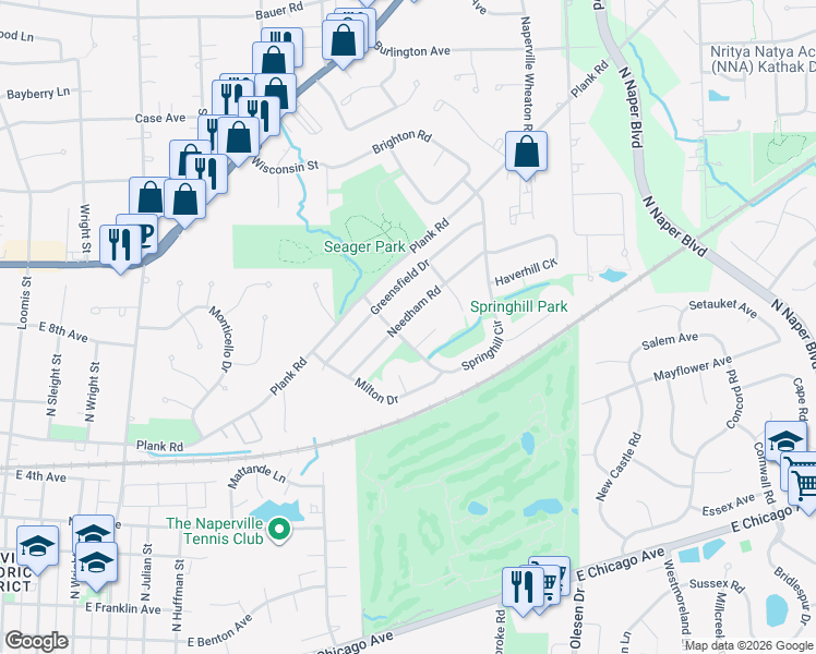 map of restaurants, bars, coffee shops, grocery stores, and more near 1132 Needham Road in Naperville
