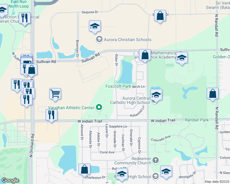 map of restaurants, bars, coffee shops, grocery stores, and more near 1355 Elder Drive in Aurora