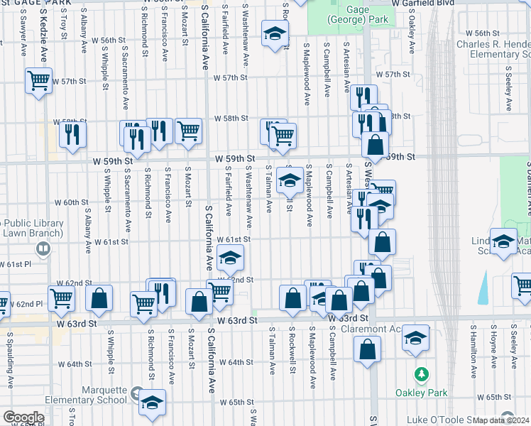 map of restaurants, bars, coffee shops, grocery stores, and more near 6018 South Talman Avenue in Chicago