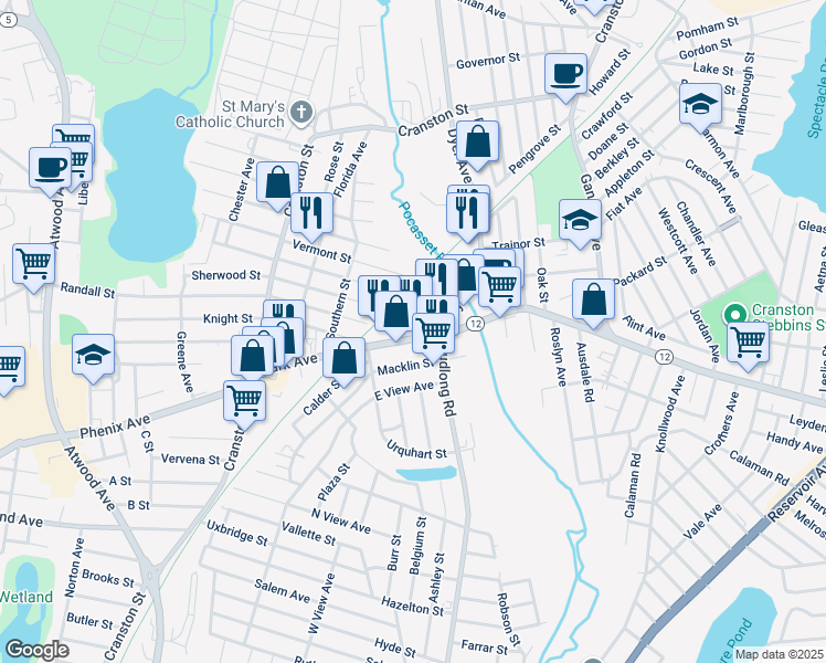 map of restaurants, bars, coffee shops, grocery stores, and more near 1369 Park Avenue in Cranston