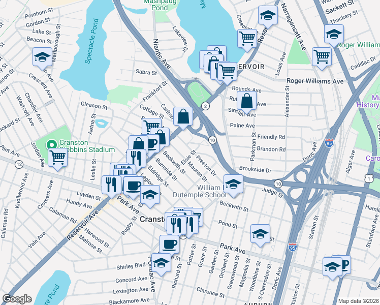 map of restaurants, bars, coffee shops, grocery stores, and more near 90 Preston Dr in Cranston