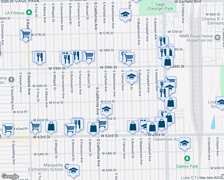 map of restaurants, bars, coffee shops, grocery stores, and more near 6018 South Washtenaw Avenue in Chicago