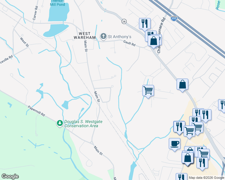 map of restaurants, bars, coffee shops, grocery stores, and more near 11 Trout Farm Way in Wareham