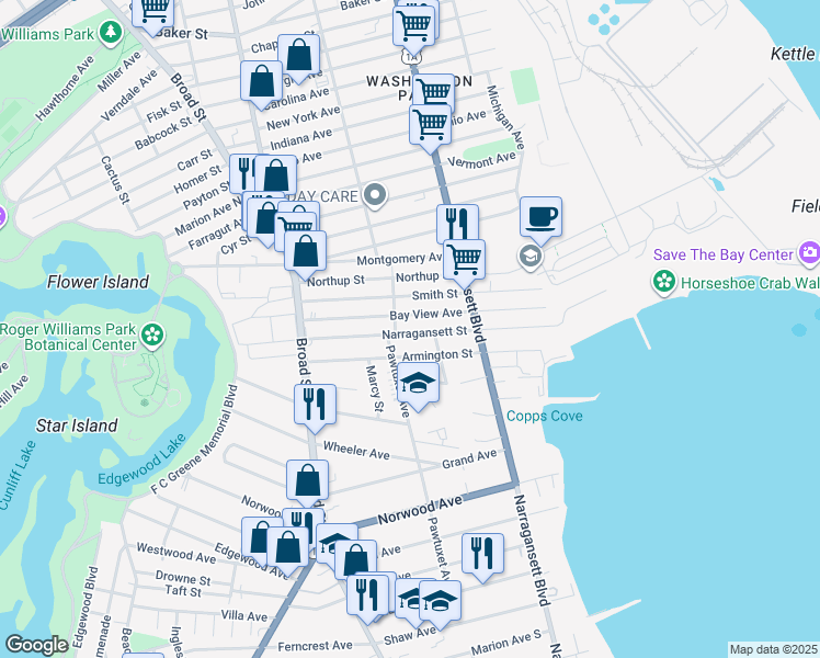 map of restaurants, bars, coffee shops, grocery stores, and more near 217R Narragansett Street in Cranston