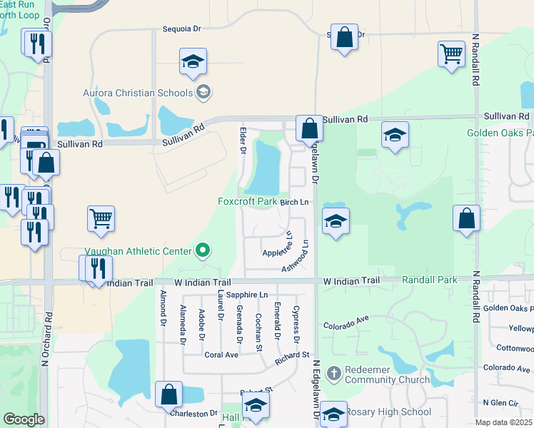 map of restaurants, bars, coffee shops, grocery stores, and more near 1940 Birch Lane in Aurora