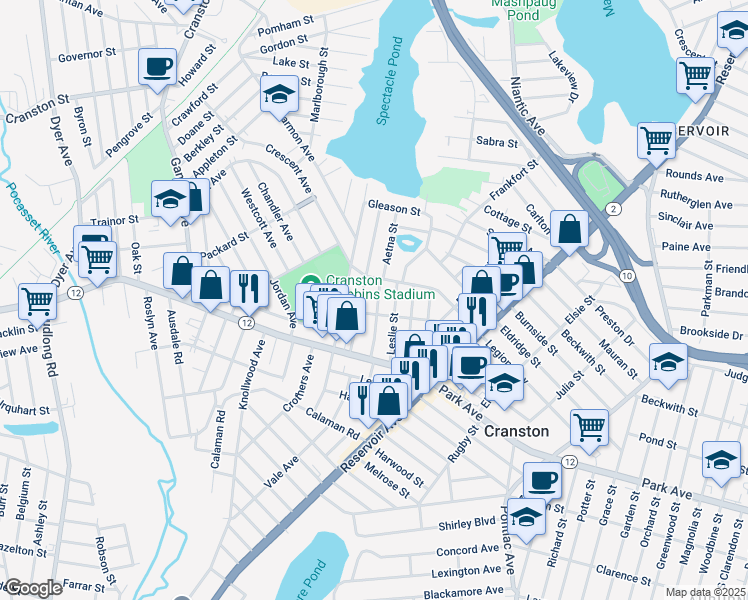 map of restaurants, bars, coffee shops, grocery stores, and more near 62 Grantland Rd in Cranston
