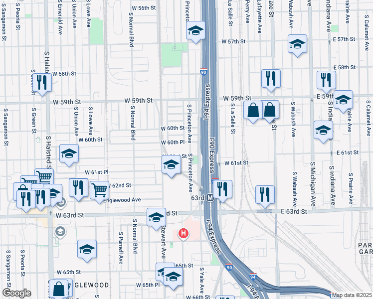 map of restaurants, bars, coffee shops, grocery stores, and more near 6046 South Princeton Avenue in Chicago