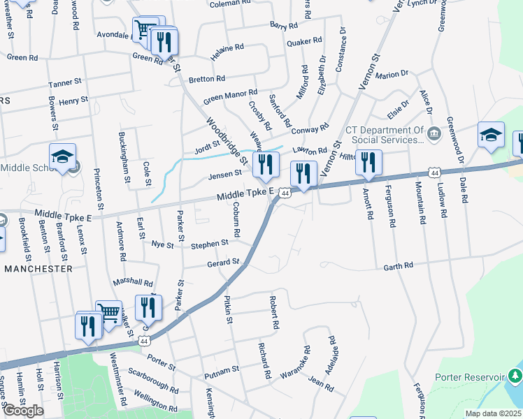 map of restaurants, bars, coffee shops, grocery stores, and more near 585 East Center Street in Manchester