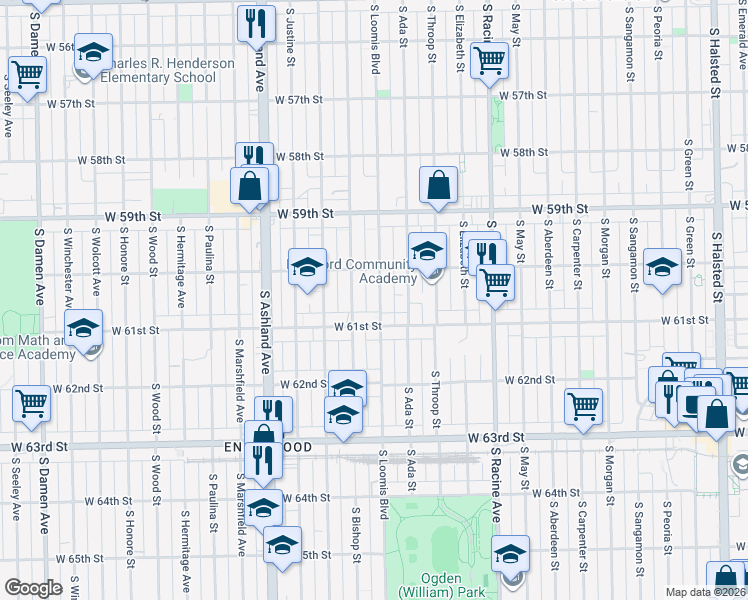 map of restaurants, bars, coffee shops, grocery stores, and more near 6032 South Loomis Boulevard in Chicago