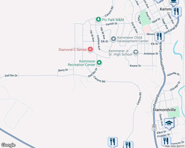 map of restaurants, bars, coffee shops, grocery stores, and more near 726 Canyon Road in Kemmerer