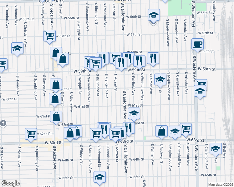 map of restaurants, bars, coffee shops, grocery stores, and more near 6017 South Mozart Street in Chicago