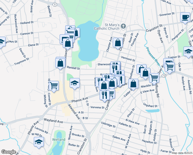 map of restaurants, bars, coffee shops, grocery stores, and more near 55 Greene Avenue in Cranston
