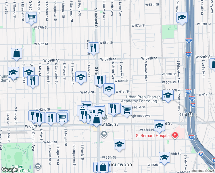 map of restaurants, bars, coffee shops, grocery stores, and more near 721 West 60th Place in Chicago