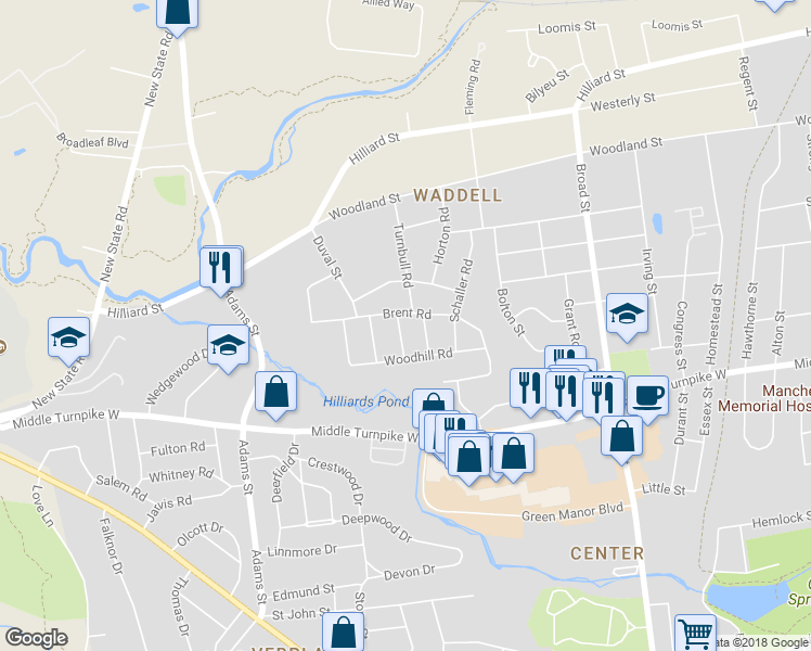 map of restaurants, bars, coffee shops, grocery stores, and more near 27 Bates Rd in Manchester