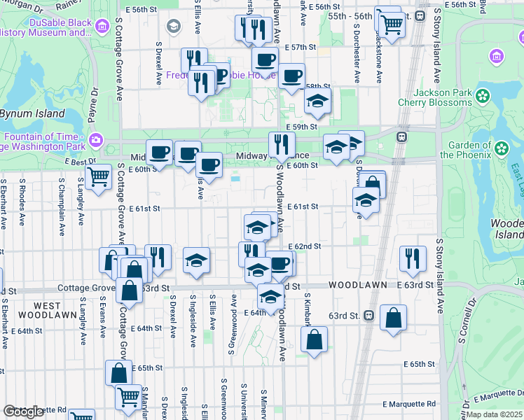 map of restaurants, bars, coffee shops, grocery stores, and more near 1151 East 61st Street in Chicago