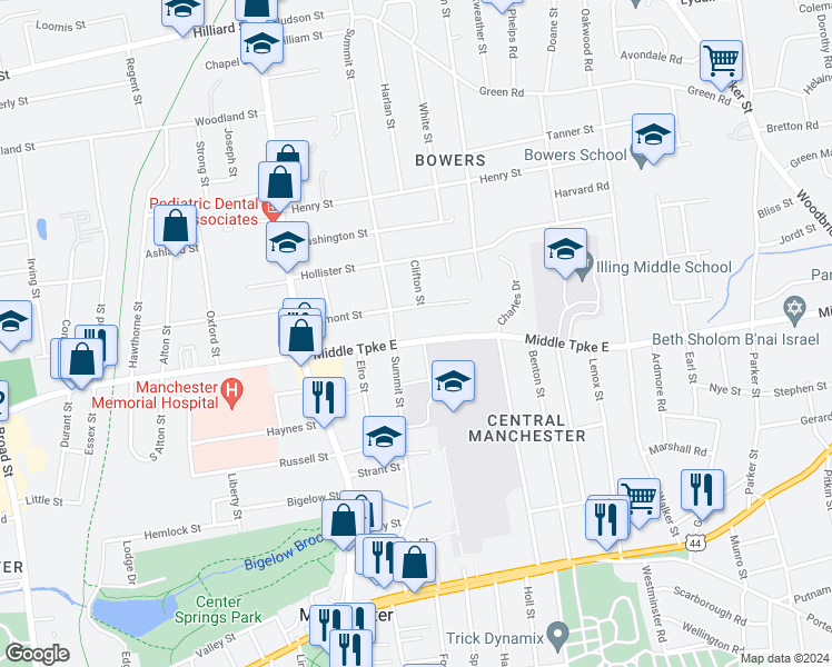 map of restaurants, bars, coffee shops, grocery stores, and more near 91 Middle Turnpike East in Manchester