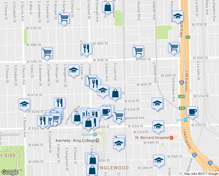 map of restaurants, bars, coffee shops, grocery stores, and more near 6031 S Union Ave in Chicago