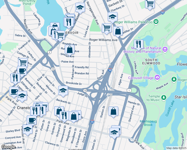 map of restaurants, bars, coffee shops, grocery stores, and more near 113 Brandon Road in Cranston
