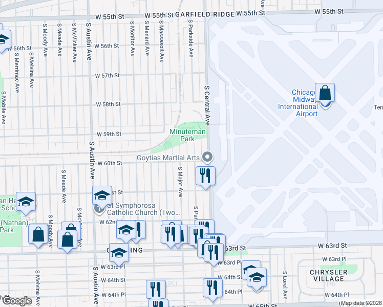 map of restaurants, bars, coffee shops, grocery stores, and more near 5944 South Parkside Avenue in Chicago