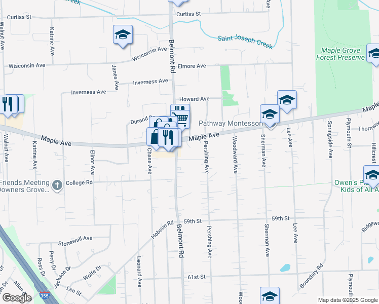 map of restaurants, bars, coffee shops, grocery stores, and more near 2219 Maple Hill in Downers Grove
