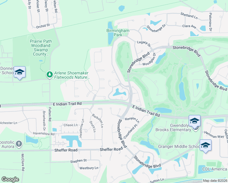 map of restaurants, bars, coffee shops, grocery stores, and more near 2062 Brookside Lane in Aurora