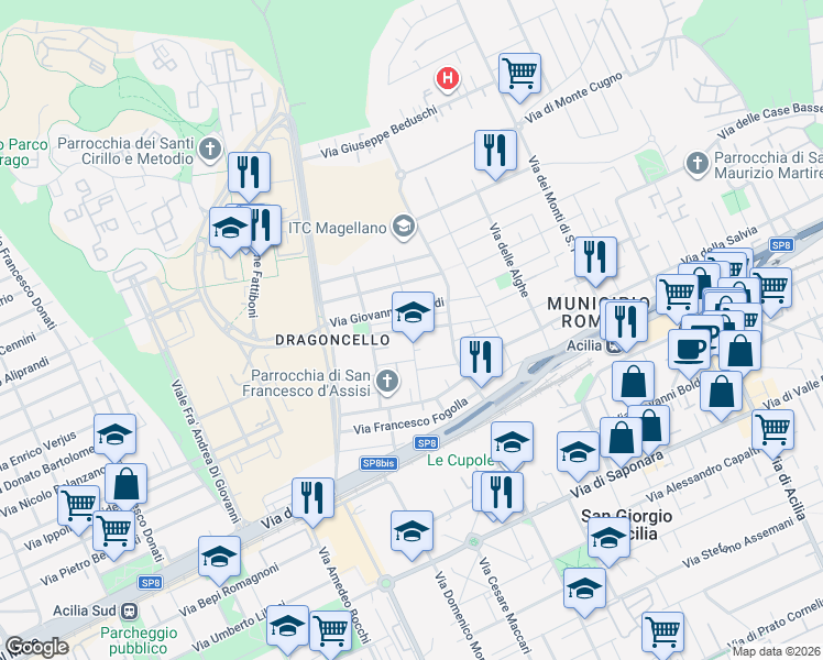map of restaurants, bars, coffee shops, grocery stores, and more near Via Andrea Catrani in Acilia-castel Fusano-ostia Antica