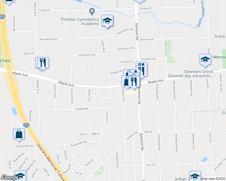 map of restaurants, bars, coffee shops, grocery stores, and more near 5601 Durand Drive in Downers Grove