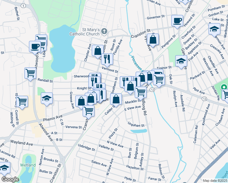 map of restaurants, bars, coffee shops, grocery stores, and more near 163 Southern St in Cranston
