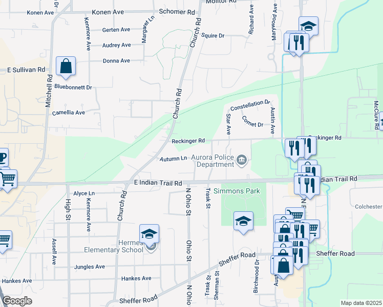 map of restaurants, bars, coffee shops, grocery stores, and more near 1014 Autumn Lane in Aurora
