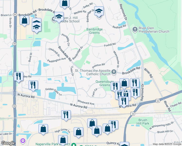 map of restaurants, bars, coffee shops, grocery stores, and more near 1650 Brookdale Road in Naperville