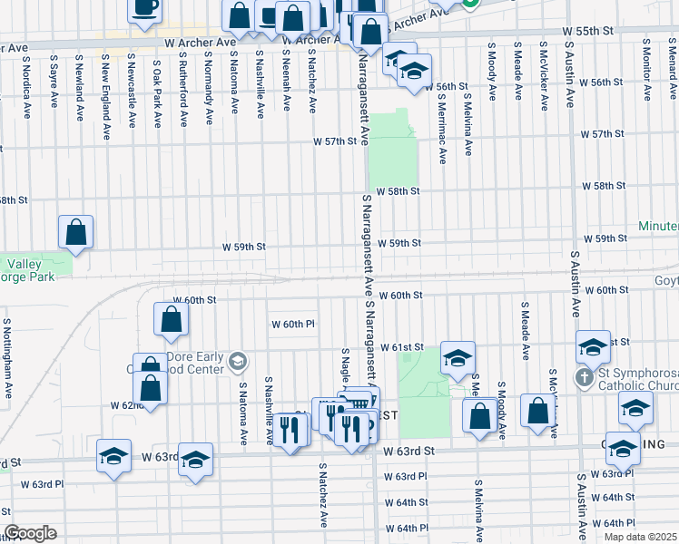map of restaurants, bars, coffee shops, grocery stores, and more near 5930 South Nagle Avenue in Chicago