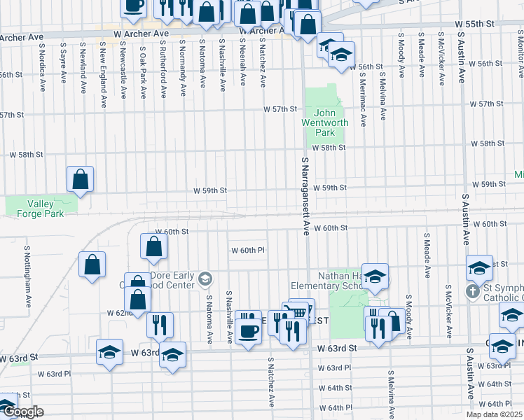 map of restaurants, bars, coffee shops, grocery stores, and more near 5930 South Natchez Avenue in Chicago