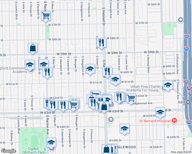 map of restaurants, bars, coffee shops, grocery stores, and more near 6036 South Green Street in Chicago