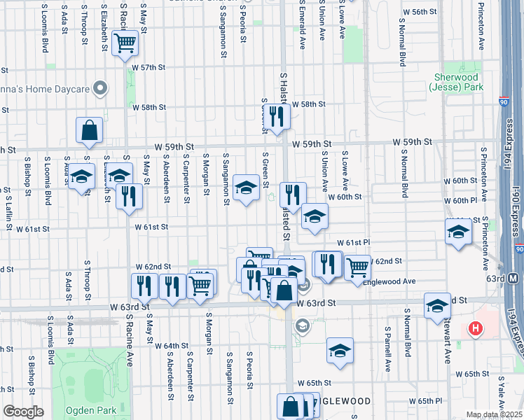 map of restaurants, bars, coffee shops, grocery stores, and more near 6036 South Green Street in Chicago