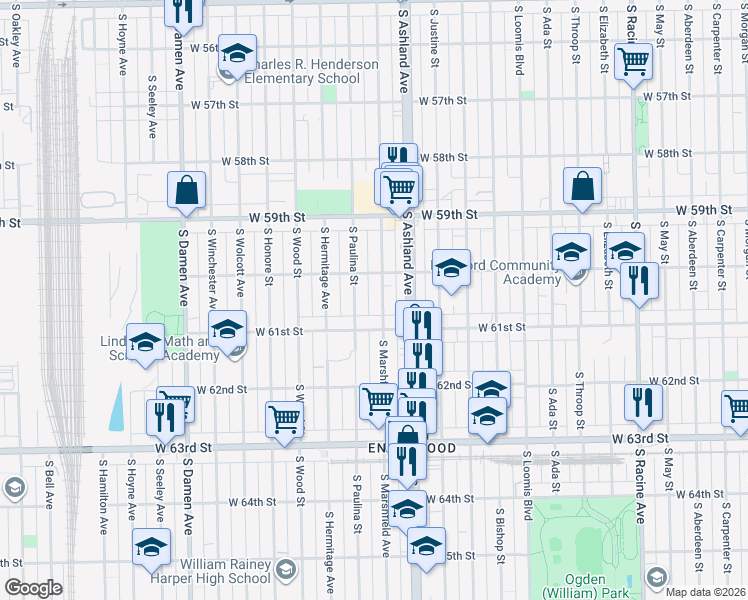 map of restaurants, bars, coffee shops, grocery stores, and more near 6028 South Marshfield Avenue in Chicago