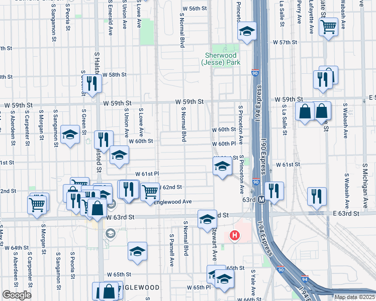 map of restaurants, bars, coffee shops, grocery stores, and more near 6039 South Normal Boulevard in Chicago