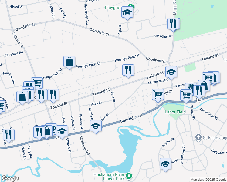 map of restaurants, bars, coffee shops, grocery stores, and more near 46 Pine Street in East Hartford