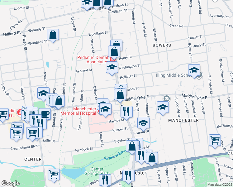 map of restaurants, bars, coffee shops, grocery stores, and more near 280 Main Street in Manchester