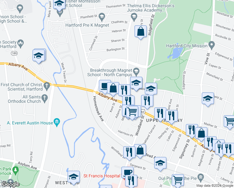 map of restaurants, bars, coffee shops, grocery stores, and more near 94 Kent Street in Hartford