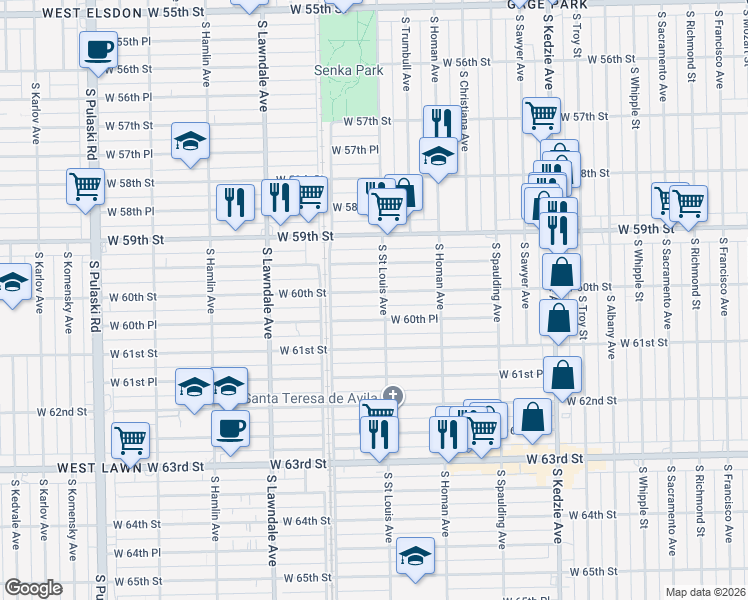 map of restaurants, bars, coffee shops, grocery stores, and more near 3509 W 60th St in Chicago