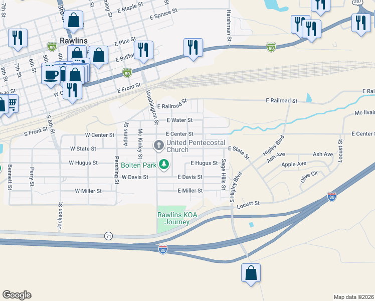 map of restaurants, bars, coffee shops, grocery stores, and more near 304 East State Street in Rawlins