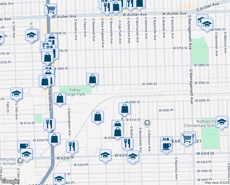 map of restaurants, bars, coffee shops, grocery stores, and more near 5925 South Newcastle Avenue in Chicago