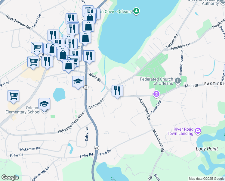 map of restaurants, bars, coffee shops, grocery stores, and more near 96 Main Street in Orleans