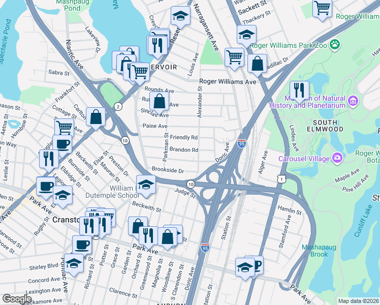 map of restaurants, bars, coffee shops, grocery stores, and more near 85 Brandon Road in Cranston