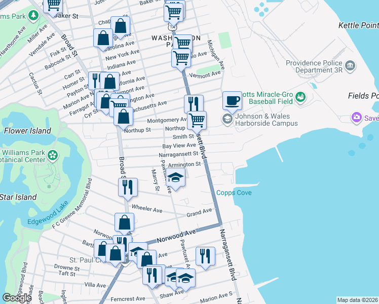 map of restaurants, bars, coffee shops, grocery stores, and more near 165 Narragansett Street in Cranston