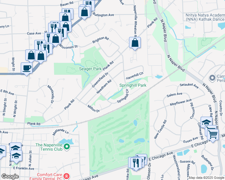map of restaurants, bars, coffee shops, grocery stores, and more near 1144 Andover Court in Naperville