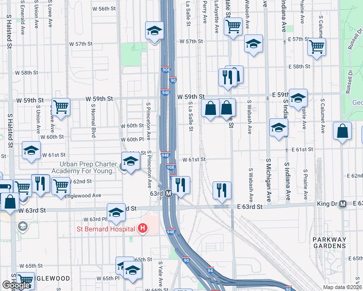 map of restaurants, bars, coffee shops, grocery stores, and more near 6055 South Wentworth Avenue in Chicago