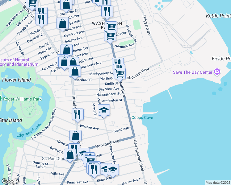 map of restaurants, bars, coffee shops, grocery stores, and more near 165 Narragansett Street in Cranston