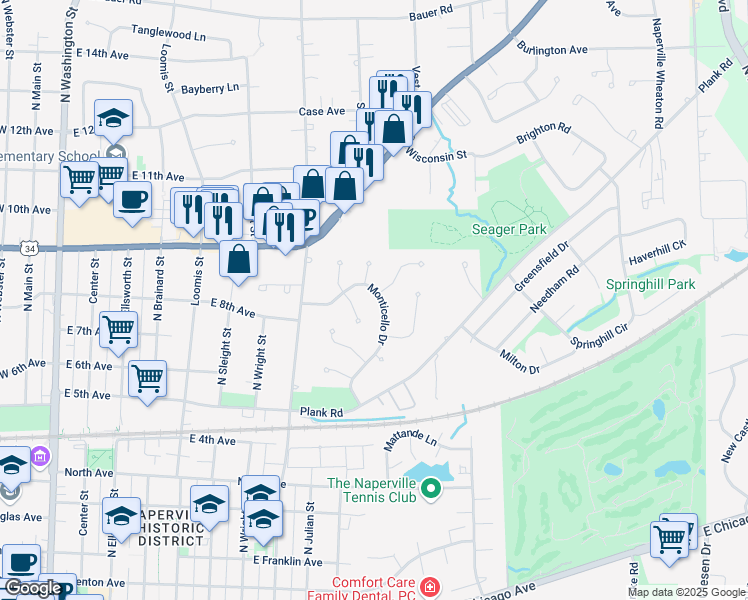 map of restaurants, bars, coffee shops, grocery stores, and more near 910 Monticello Dr in Naperville