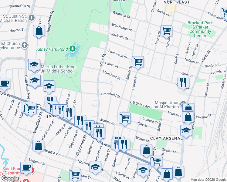 map of restaurants, bars, coffee shops, grocery stores, and more near 156 Middlefield Street in Hartford